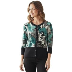 VALERIE BERTINELLI S Teal Black White Floral Cardigan